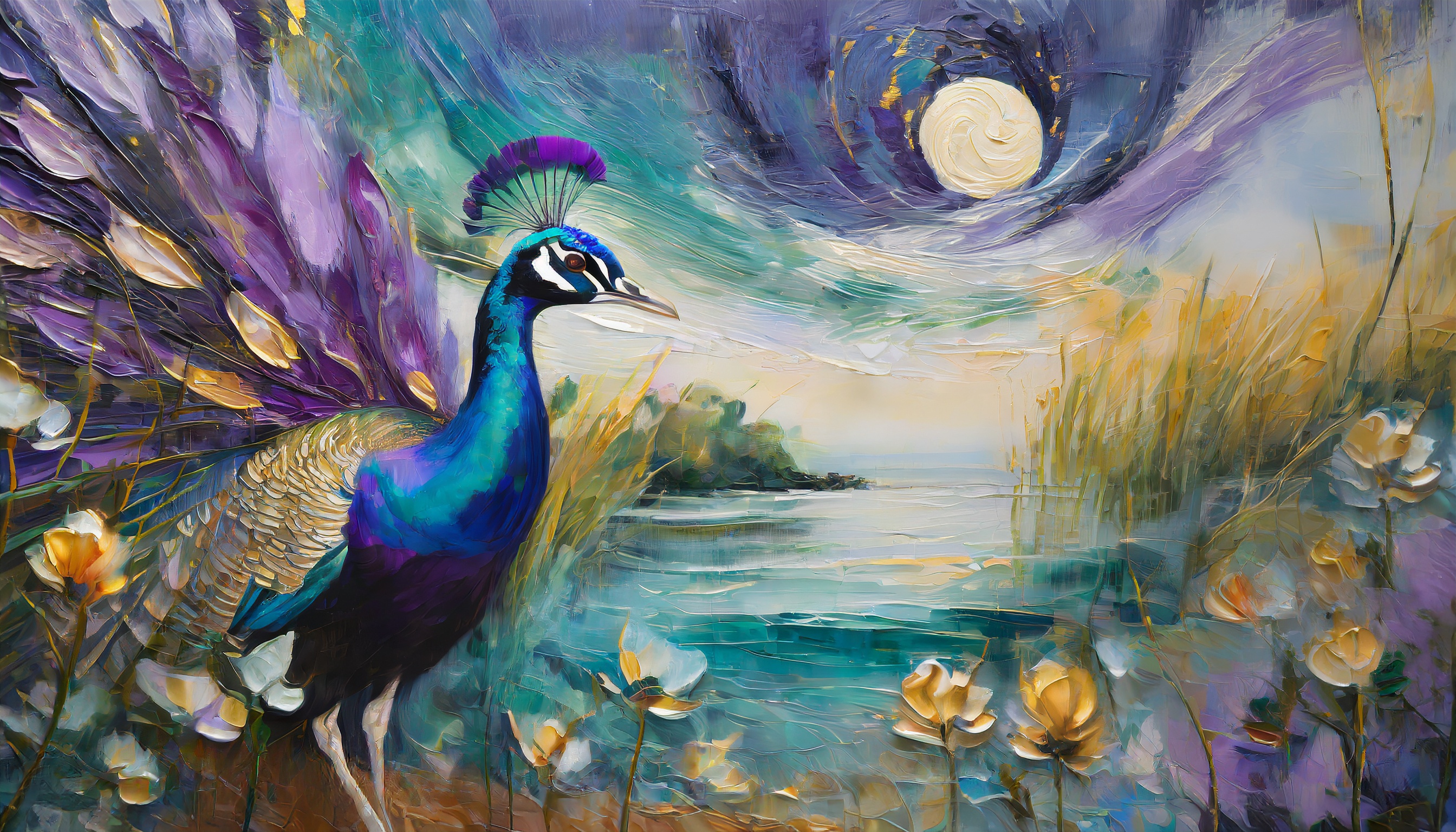 Peacock watches moonset